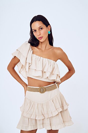 Quzu One Shoulder Flounced Stone Color Crop Blouse