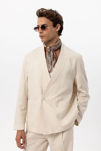 Antioch Ecru Linen Blended Double Breasted Buttoned Men's Blazer Jacket