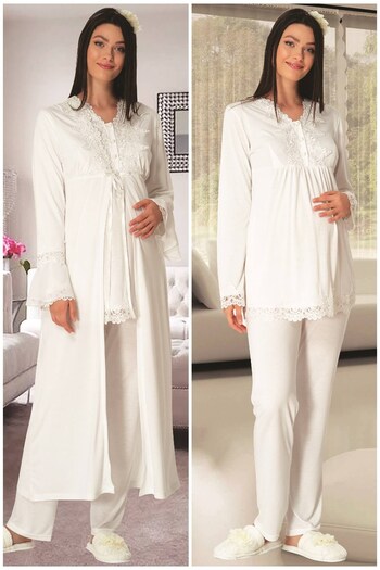 Mecit Pijama Carpediem L.r1517 Maternity Pajama Set with Dressing Gown - Ecru