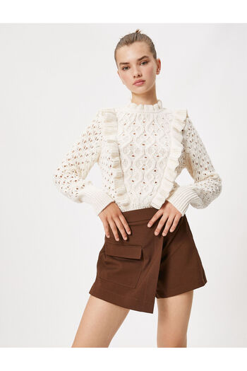 Koton Knitwear Sweater Frilly Openwork Standing Round Collar