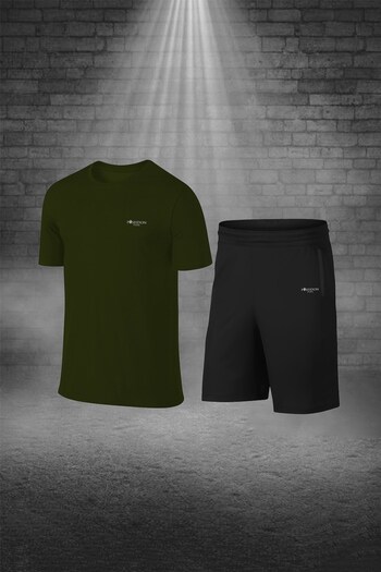 POSEIDON STORM Over Size Men's Khaki Dri-Fit Fabric Unprinted Casual T-Shirt Shorts Set for Walking and Running (4XL -10X