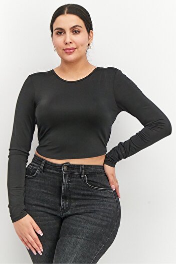 NA-KD Women Crew Neck Long Sleeve Solid Tops, Black