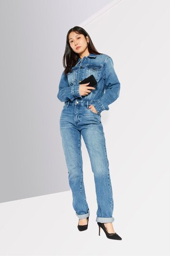 Michael Kors Women Long Sleeve Wash Denim Jumpsuits, Blue