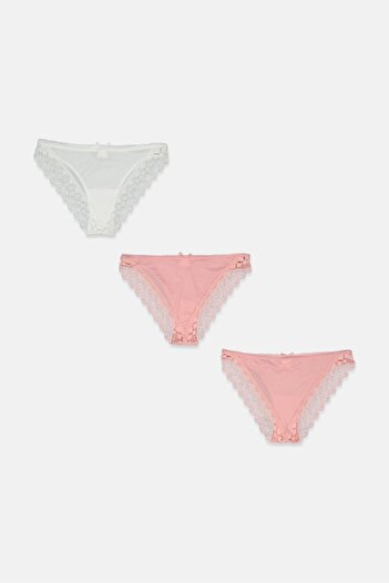 ELLE Women 3 Pack Lace Trim  Panty Thong, Pink and White