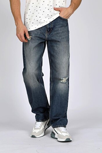 Lee Cooper Baggy Orta-yüksek Bel Bol Düz Kesim Düz Paça %100 Pamuk Mavi Erkek Jean Pantolon