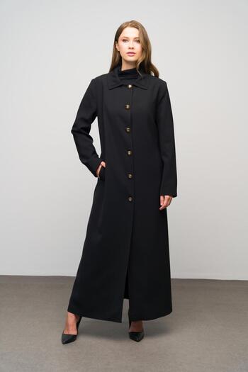 Olcay Plus Size Black Top Coat - Shirt Collar, Punto Stitching Detail and Lined 6615