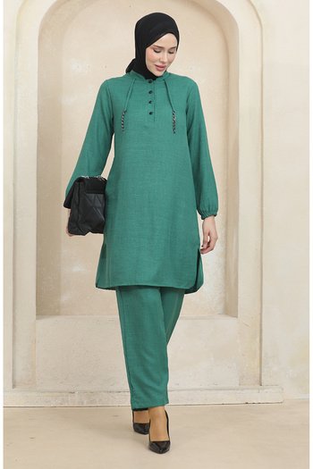 sefamerve Green Tunic and Trousers Double Set - Button Detailed 1004-02