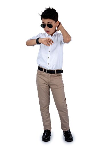 Mnk Baby&Kids Stylish Shirt Gabardine Trousers Boy Set Mnk0422 White - Beige