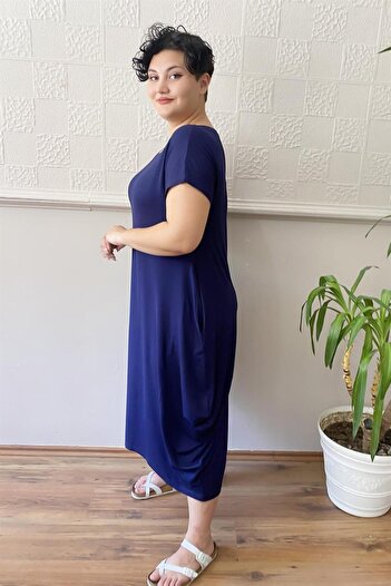 Zer Otantik Casual Plus Size Combed Cotton Dress Navy Blue