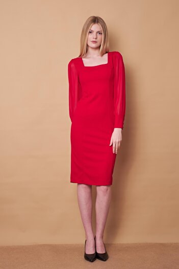 Jument Lycra Crepe Fabric Chiffon Detailed Square Neck Long Sleeve Dress-Red