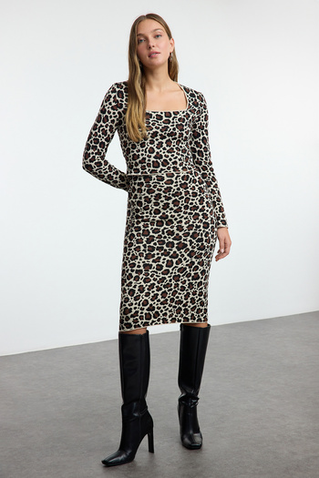 Trendyol Collection Camel Leopard Patterned Knitwear Set - Lower & Upper Twoaw25Au00113