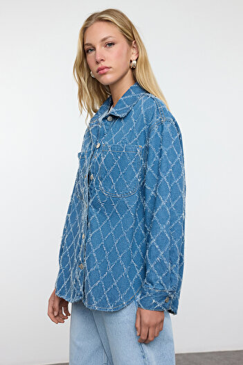 Trendyol Collection Blue Textured Oversize Denim Shirt Jacket Twoaw25Ce00042