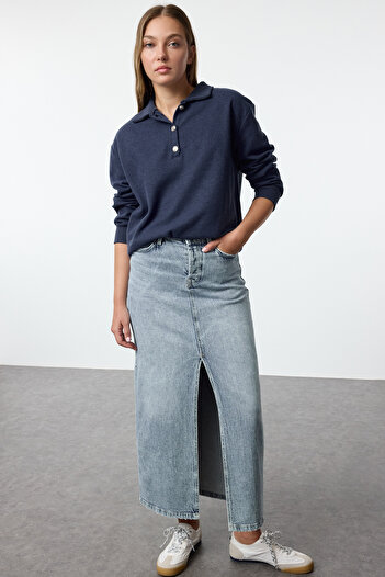 Trendyol Collection Hanorac tricotat cu nasturi Indigo Regular Fit - Thessaloniki/Knitwear Look TWOAW24SW00143