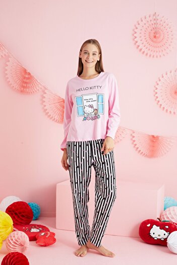 Siyah İnci Hello Kitty Licensed - 100% Cotton Pink Crewneck Sleepwear Σετ HK208