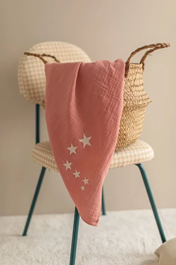 Bedeca 100% Organic Cotton Muslin Baby Blanket - Star Embroidered Coral 90x100 cm Multi-Purpose Muslin Blanket