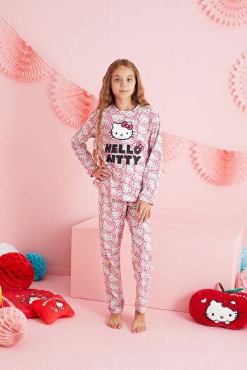 Siyah İnci Hello Kitty Lisanslı %100 Pamuk Gri Çok Renkli Bisklet Yaka Pijama Takım HK209