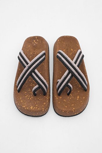 Marjin Men's Cork Sole Patterned Cotton Rope Flip Flops Cross Band Daily Slippers Sediv Beige