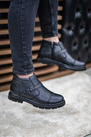 OBAY LİFE Μαύρες ανδρικές δερμάτινες μπότες casual - με αγκράφα και ορθοπεδικές, άνετες OBAY1058