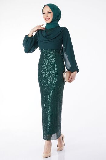 TOFİSA Green Chiffon Sequined Straight Crew Neck Women's Evening Dress - 24597