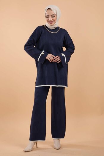 TOFİSA Navy Blue Women's Knitwear Tunic - Crew Neck, Trousers - 23791