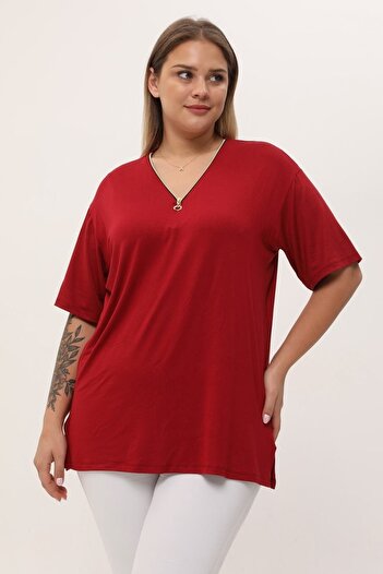 garajmood Claret Red Collar Zippered Plus Size Blouse