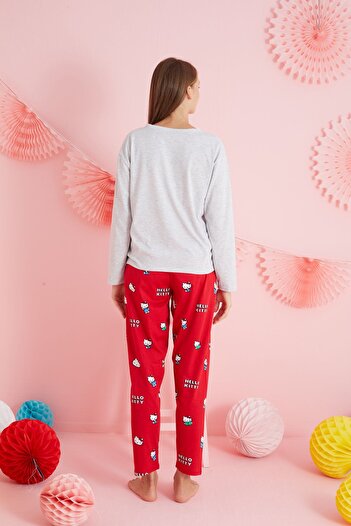 Siyah İnci Hello Kitty Lisanslı %100 Pamuk Gri Çok Renkli Bisklet Yaka Pijama Takım HK201
