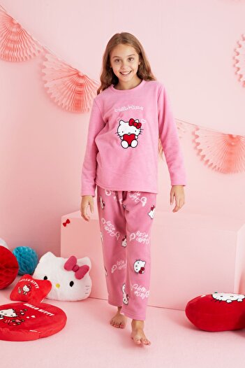 Siyah İnci Hello Kitty Lisanslı Polar Pembe Çok Renkli Nakışlı Bisklet Yaka Pijama Takım HK311