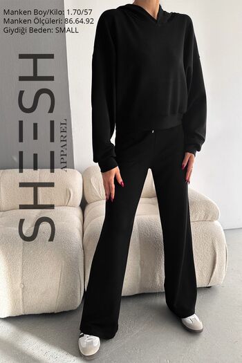 SHEESH APPAREL Black Modal Soft Textured Set - Palazzo Pants and Crop Hoodie