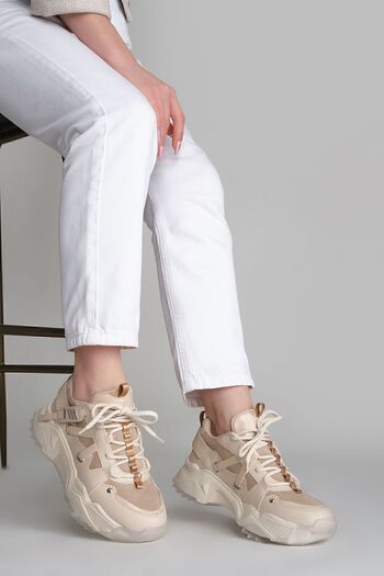 Marjin Women's High Transparent Sole Sneaker Lace-Up Sports Shoes Ojis Beige