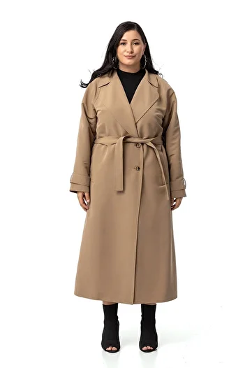 DISENTIS MODEST Plus Size Mono Neck Double Breasted Closure Slit Lined Long Mink Trench Coat