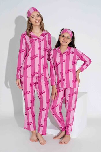 Tarık Women's Fujya Patterned Front Buttoned Mother Girl Combination Suede Velvet Winter Warm Pajamas Set