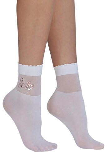 Daymod Women's White Hello Written Patterned Socks 3-Piece