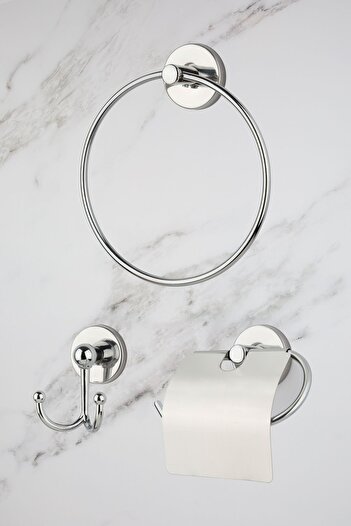 UG Home Chrome Ring Towel Holder Wide Cover Toilet Napkin Fork Robe Hanger Set of 3 Bathroom Accessories