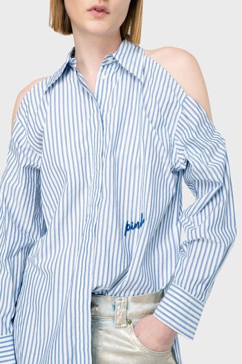 PİNKO Pinko Striped Cotton Oversize Fit Off-the-shoulder Shirt SHIRT103058A1OMZE5