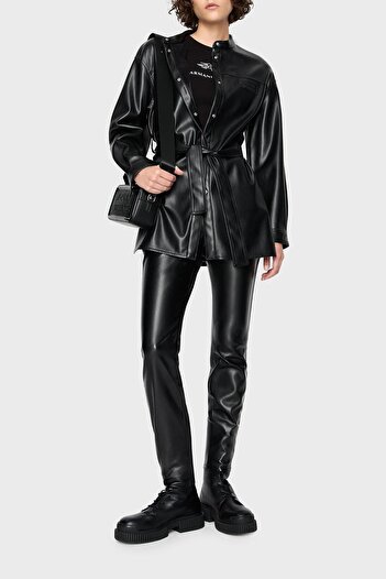 Armani Exchange High Waist Regular Fit Leather Trousers with Contrast Side Stripes TROUSERS 6RYP32