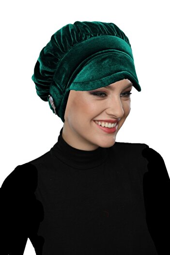 fidan bone Velvet Hat Buckle Detailed Green Ready-made Turban Hijab Bonnet