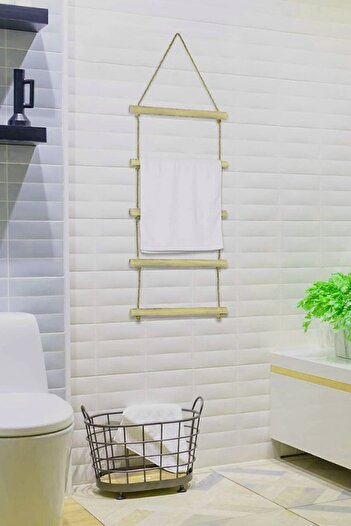 Bundeba Towel Jute 5 Layers Ladder Wooden Bathroom Kitchen Towel Rack Wooden And Rope Towel Holder