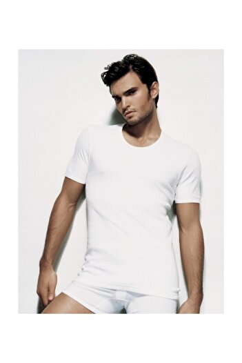 Çift Kaplan Men's White Ribbed Crew Neck 100% Cotton Undershirt