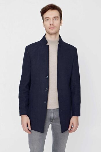 Morven Men's Navy Blue Plain Pattern Dynamic Fit Judge Collar Coat