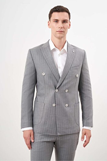 Morven Erkek Gri Poliviskon Trend Kruvaze Slim Fit Sivri Yaka Takım Elbise
