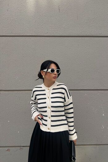 Seda Yalçın Atelier Gold Buttoned Ecru Black Striped Cardigan