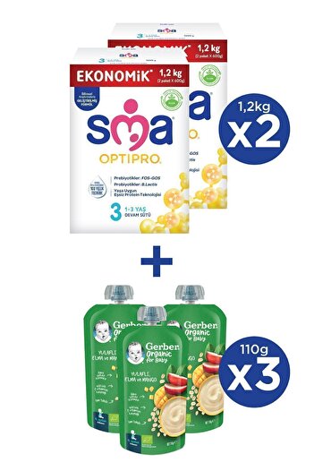SMA OPTIPRO 3 1-3 yaş Devam Sütü 2x1200g + GERBER ORGANIC Yulaflı, Elma ve Mango Püresi 3x110g