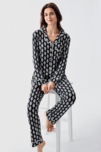 Artış Flexible Lycra Viscous Pajama Set - Long Sleeve and Buttoned