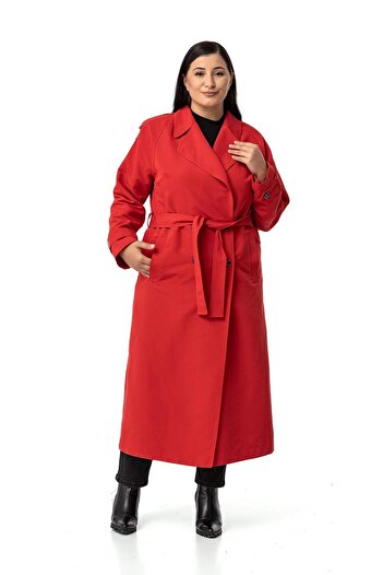 DISENTIS MODEST Red Long Trench Coat - Plus Size, Mono Collar, Double Breasted Closure and Slit Lining