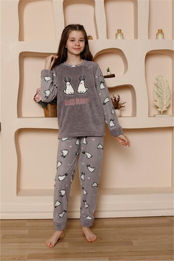 Akbeniz Girl's Gray Fleece Pajama Set - WelSoft 20524