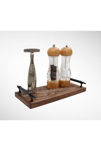 IMKER HOME Otantik Rustik Kulplu Düzenleyici Organizer Stand Ahşap Kahve Sunumluk Tepsi Tuzluk Yağdanlık Sosluk