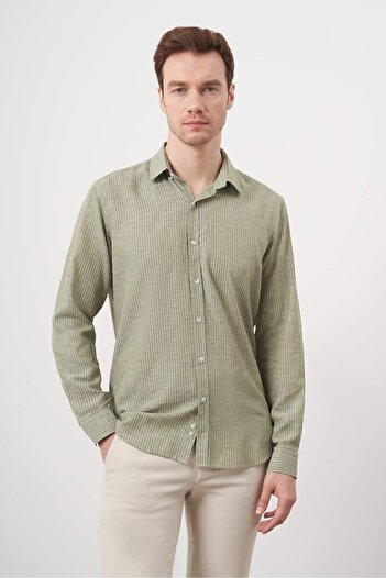 Morven Men's Green Linen Striped Buttoned Collar Regular Fit Shirt