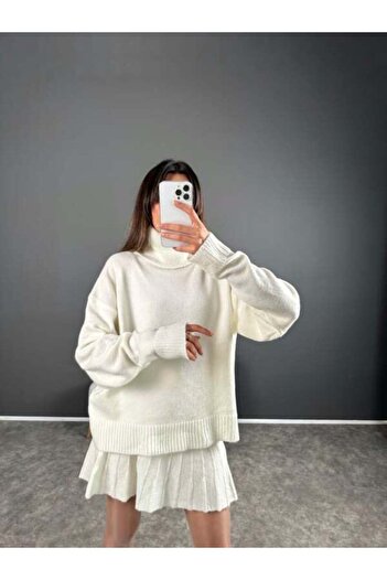 Lusin Women's Turtleneck Skirt Oversize Turtleneck Sweater Skirt Double Knitwear Set