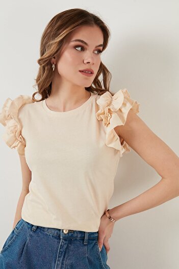 Lela Slim Fit Crew Neck 100% Cotton T Shirt with Ruffle Sleeves T Shirt 5864500