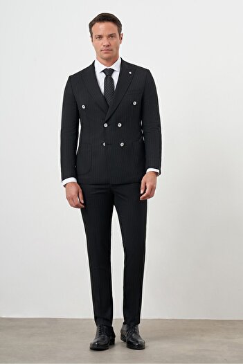 Morven Black Polyviscose Slim Fit Double Breasted Suit - Pointed Collar